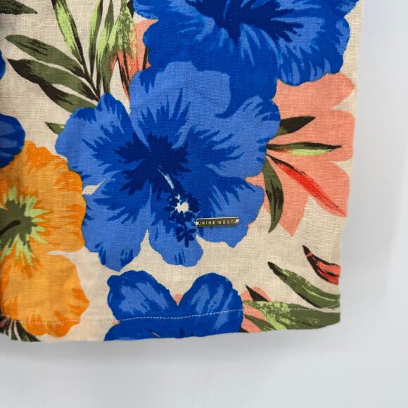 Nine West Womens XS Multicolor Floral Linen Flutter Cap Sleeve Button Blouse Top - Picture 6 of 10